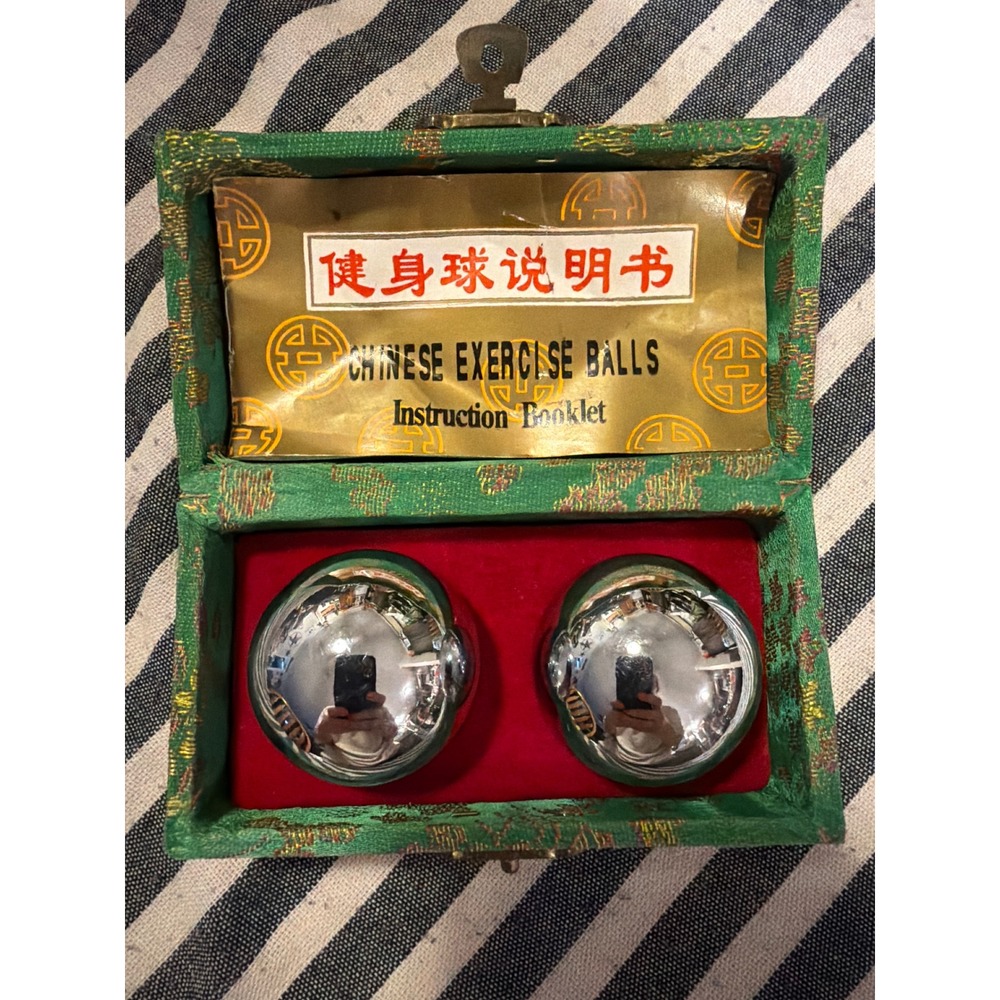 Vintage Baoding Chinese Exercise Balls Chrome Chimes Green Brocade Box Set